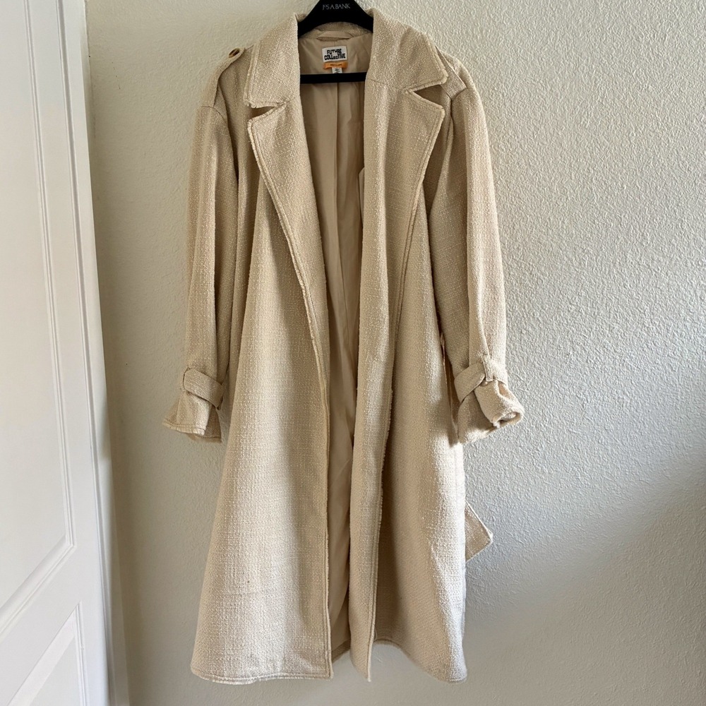 Longline Textured Knit Trench Coat Women Size Lg Cream Tie Front Old Money Indie
